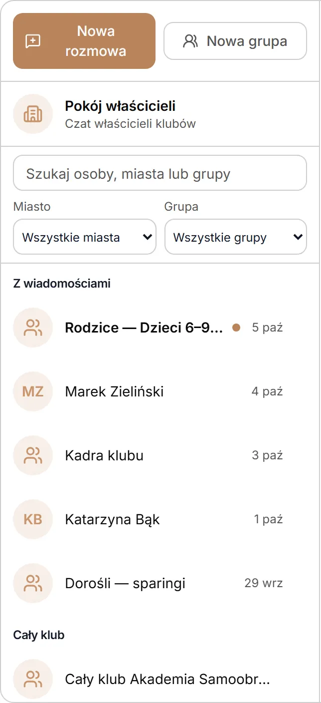 Lista rozmów: wyszukiwanie, miasto, grupa i kolejność sekcji.