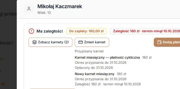 Profil po dodaniu obok — dwa karnety i osobna zaległość nowego planu