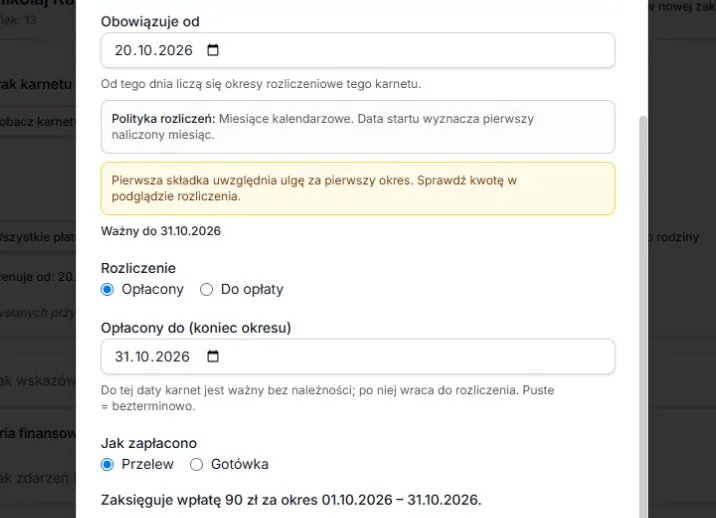 Pierwszy miesiąc — połowa składki według zapisanej daty treningów