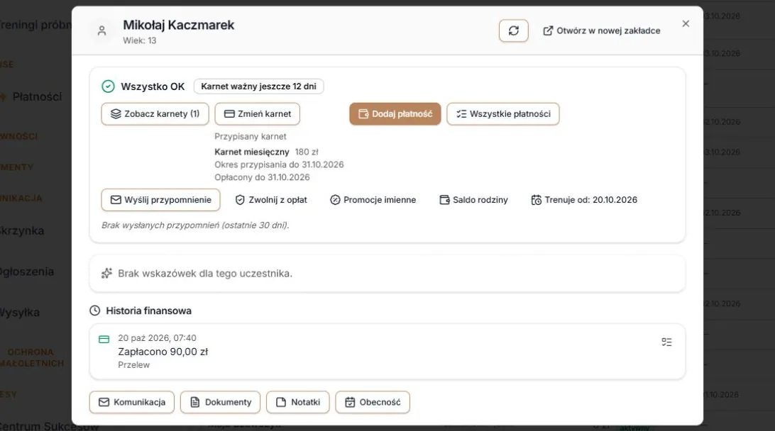 Połowa składki po zapisie — data treningów, opłacony okres i 90 zł w historii