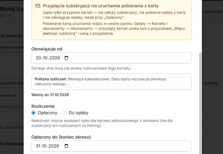 Plan cykliczny — przypisanie nie uruchamia płatności kartą