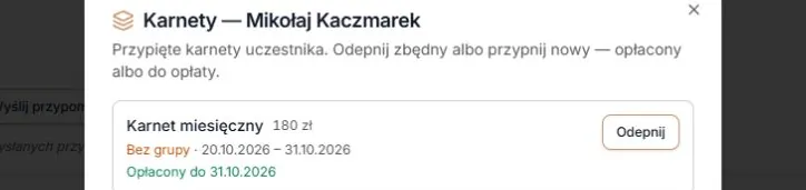 Opłacony karnet bez grupy — zapisany zakres i koniec opłacenia
