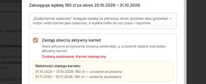 Nieopłacony stary karnet — nowa wpłata i dwie należności do anulowania