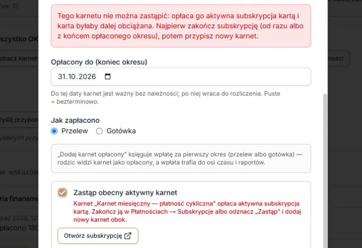 Aktywna subskrypcja — odmowa zastąpienia i odnośnik do właściwej umowy