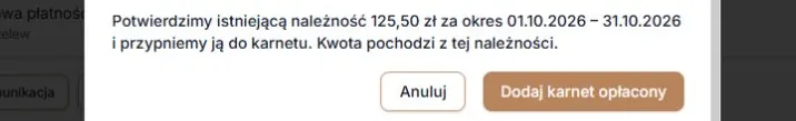 Przypisz karnet — potwierdzenie wcześniejszej należności