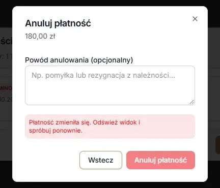 Zmiana należności zatrzymuje anulowanie według nieaktualnych danych