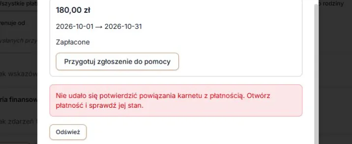 Częściowy wynik — zachowana wpłata, błąd powiązania i odświeżenie