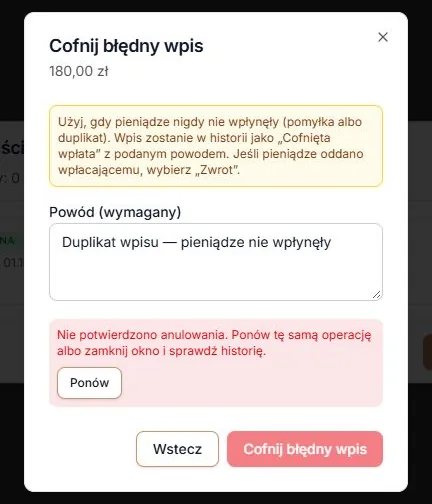 Niepotwierdzony zapis cofnięcia i dalsze dostępne działania