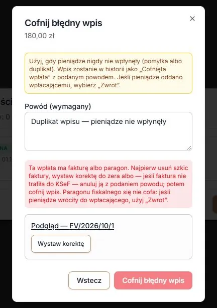 Blokada cofnięcia wpłaty objętej fakturą zbiorczą