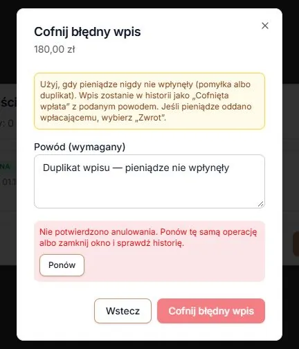 Niepełne potwierdzenie pozostawia okno cofnięcia otwarte