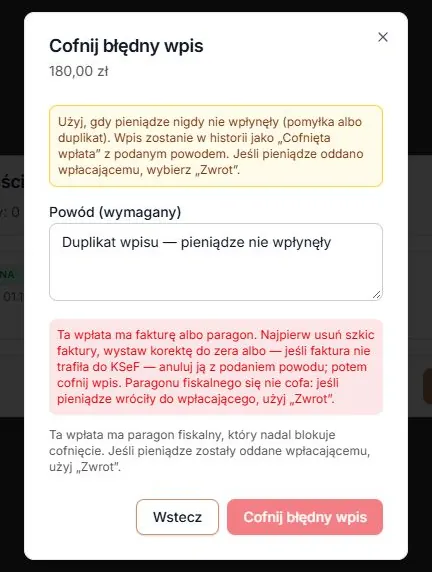 Paragon fiskalny nadal blokuje cofnięcie błędnego wpisu