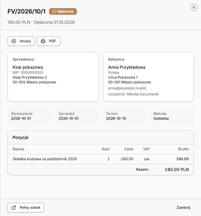 Opłacona faktura: numer, strony dokumentu, daty, metoda i pozycje