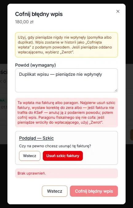 Odmowa usunięcia szkicu zachowuje dokument i blokadę cofnięcia wpłaty