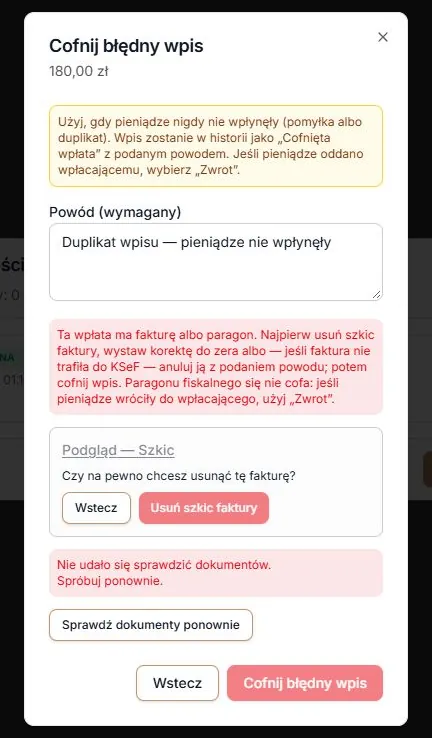 Brak potwierdzenia dokumentów po usunięciu szkicu — ponowienie samego sprawdzenia