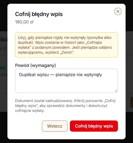 Szkic usunięty, powód zachowany — wpłata czeka na osobne zatwierdzenie cofnięcia