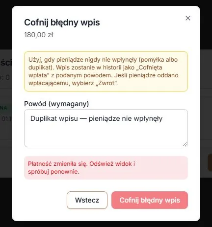 Zmiana danych wpłaty zatrzymuje cofnięcie według wcześniejszego widoku
