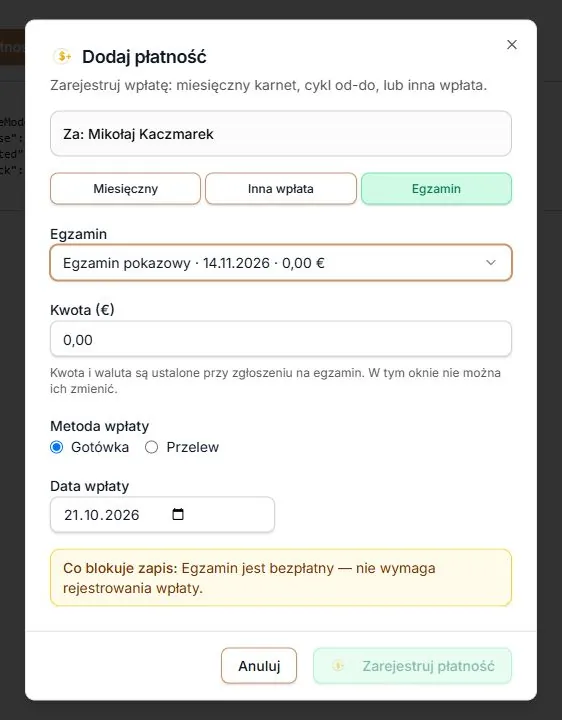 Egzamin bez opłaty — bez rejestrowania wpłaty