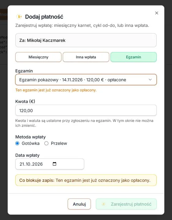 Opłacony egzamin — sprawdź istniejącą wpłatę