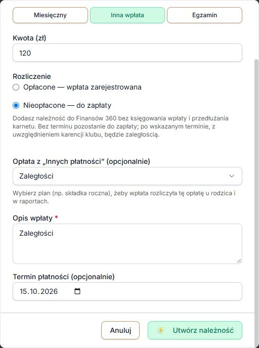 Własna należność Zaległości: 120 zł do zapłaty z terminem 15 października
