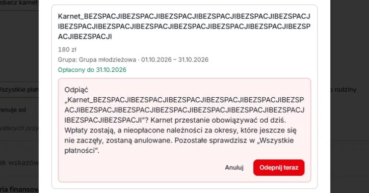 Odepnij — pełna nazwa w karcie i potwierdzeniu