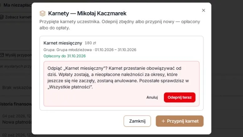 Odepnij — pytanie i wybór Anuluj albo Odepnij teraz