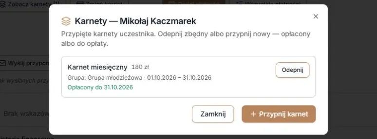 Karnety — informacje i przyciski okna