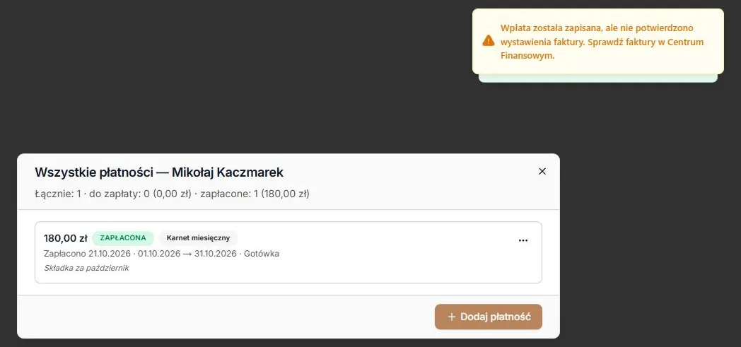 Zapisana wpłata i osobne ostrzeżenie dotyczące faktury