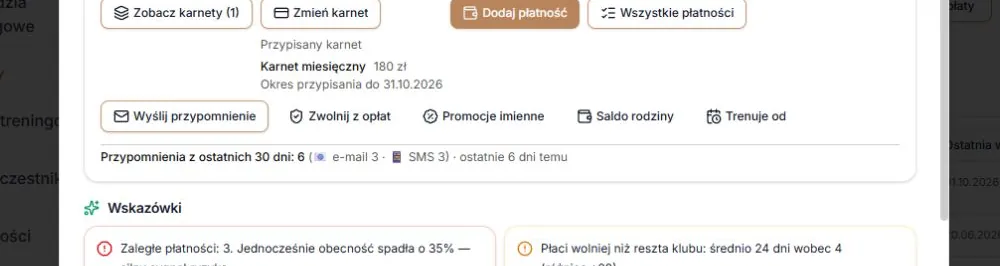Promocje, saldo rodziny, data treningu i historia przypomnień