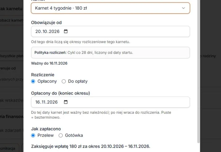 Karnet czterotygodniowy — rzeczywisty okres i kwota wpłaty
