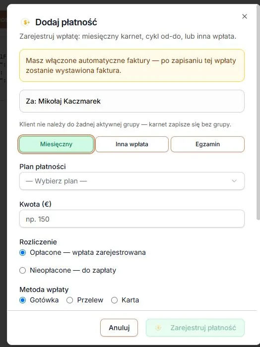 Ostrzeżenie o automatycznej fakturze w wariancie Opłacone — formularz przed zapisem
