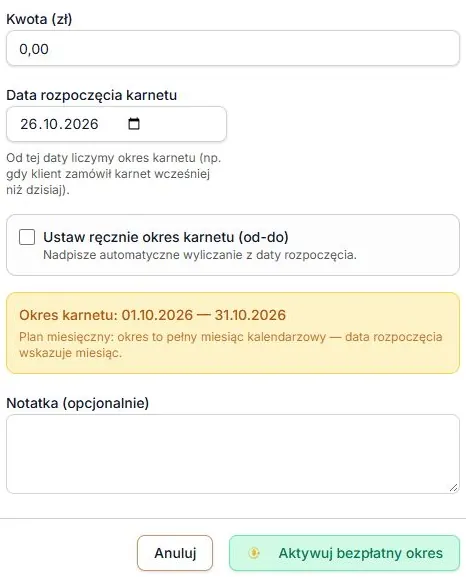 Bezpłatny pierwszy okres — wyliczone zero, okres i przycisk aktywacji
