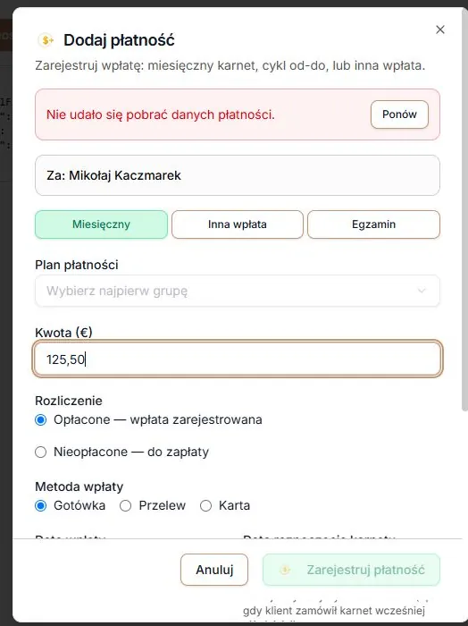 Błąd odczytu przed nową wpłatą — Ponów i zablokowany zapis mimo wpisanej kwoty