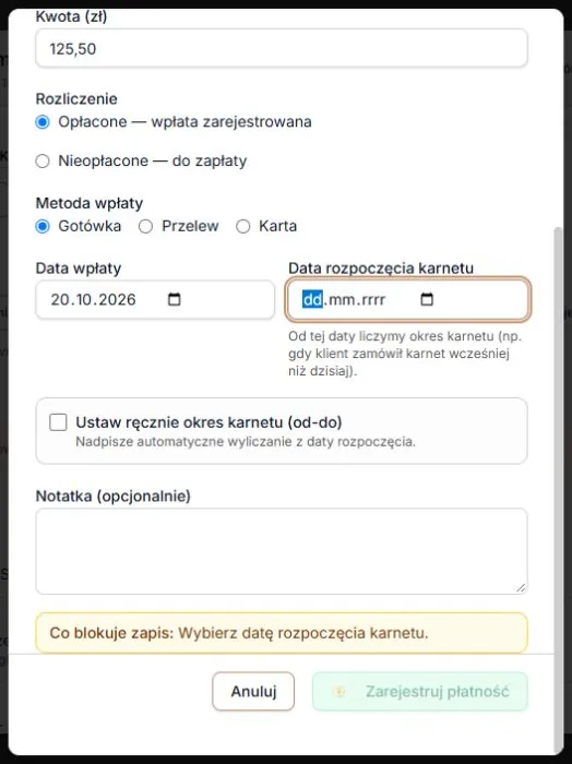 Pusta data blokuje zapis także po ręcznym wpisaniu kwoty. To formularz przed zatwierdzeniem.