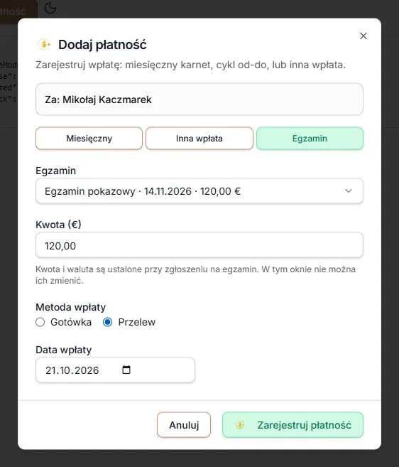 Dodaj płatność — kwota, metoda i data opłaty za egzamin
