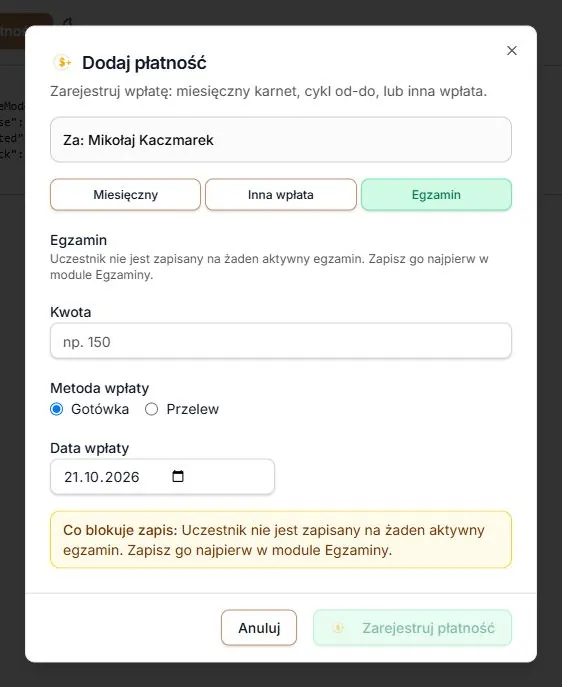 Dodaj płatność — zakładka Egzamin bez egzaminów