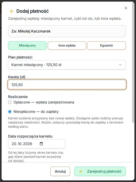Nieopłacone — przypisanie karnetu bez nowej wpłaty i informacja o saldzie rodziny
