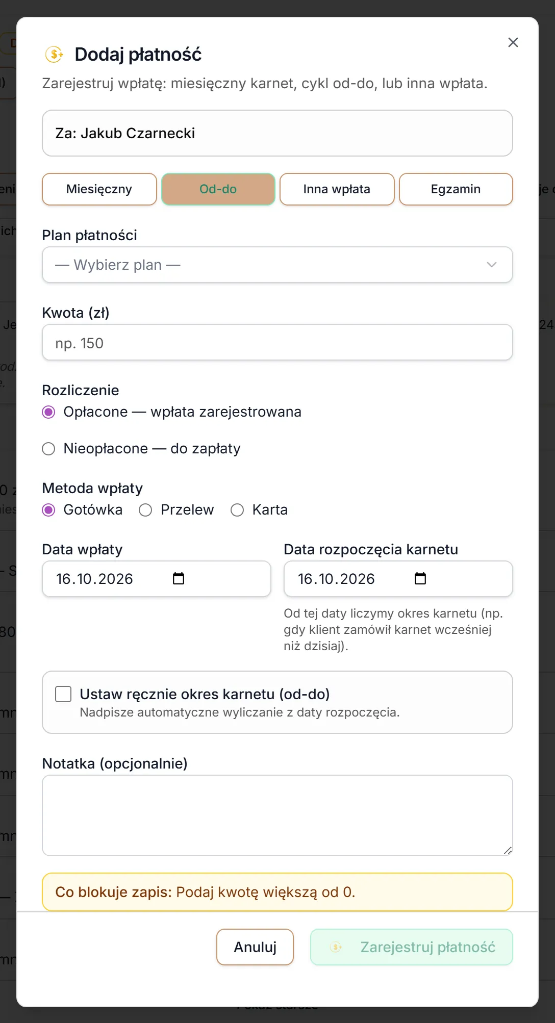 Dodaj płatność — zakładka Od-do