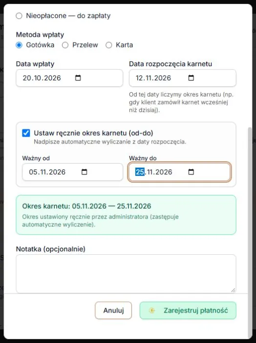Poprawny ręczny okres zastępuje automatyczne daty. Ilustracja pokazuje formularz przed zatwierdzeniem.