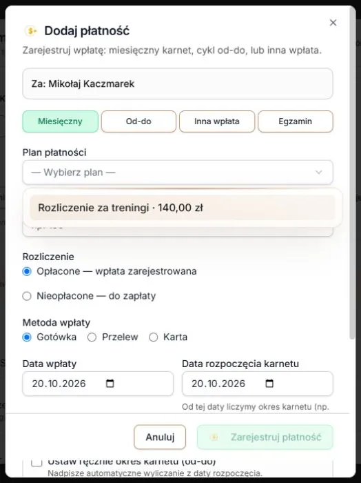 Lista planów w oknie Dodaj płatność: wybór właściwego planu poprzedza sprawdzenie kwoty i okresu.