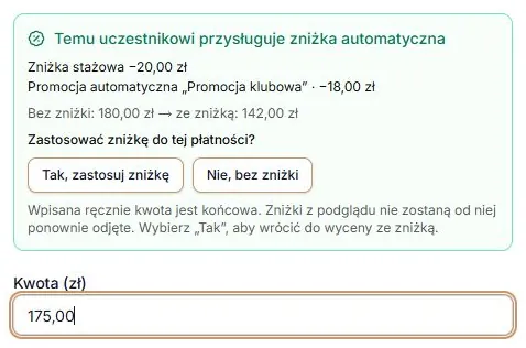Ręczna kwota 175 zł — osobna decyzja o cenie końcowej