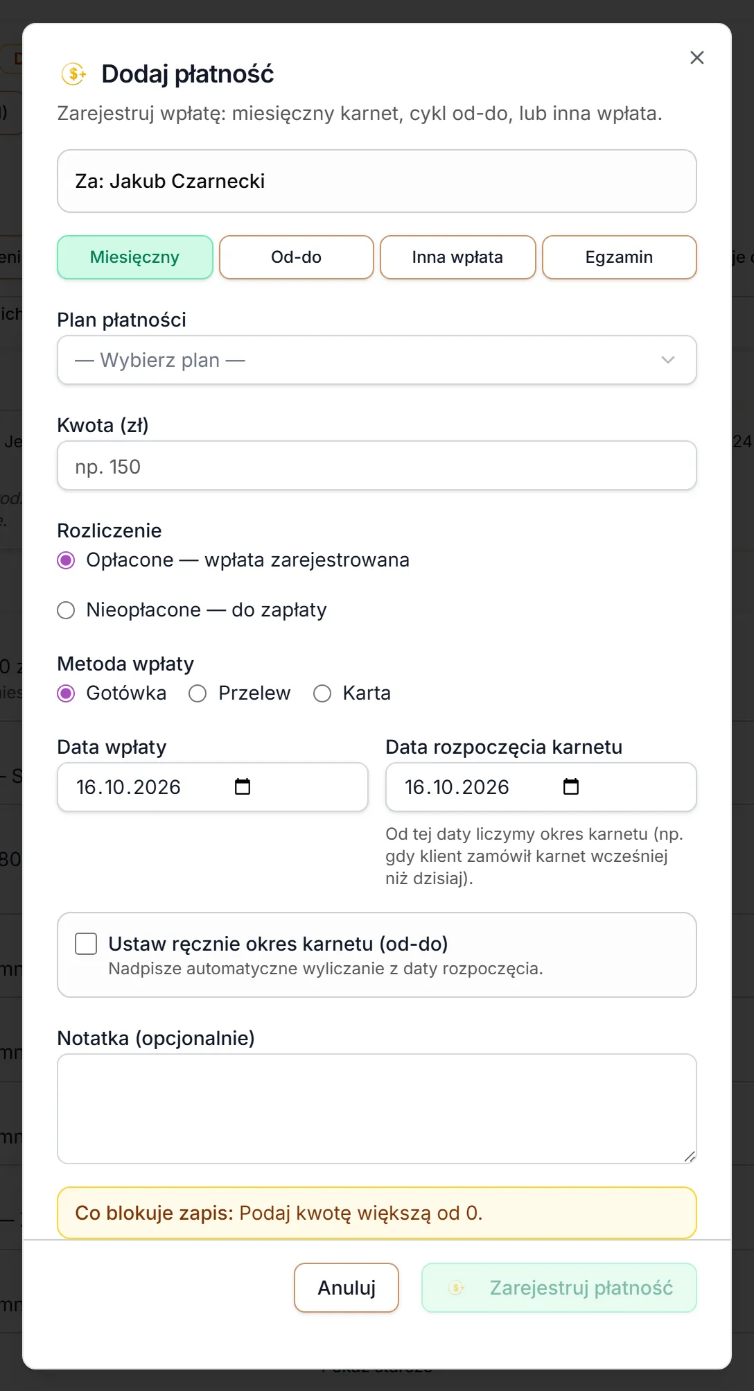 Dodaj płatność — zakładka Miesięczny