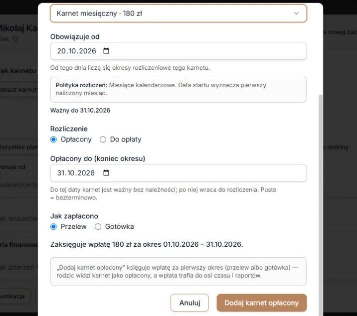 Przypisz karnet — katalog odzyskany po ponownym otwarciu okna
