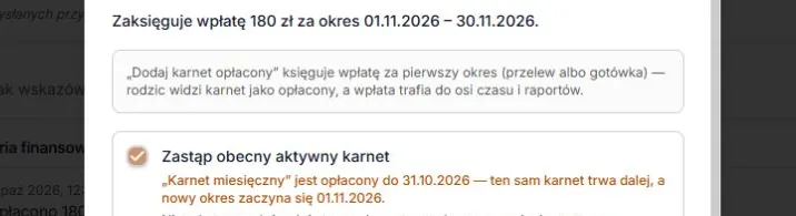 Kontynuacja — ten sam karnet, wpłata za kolejny okres
