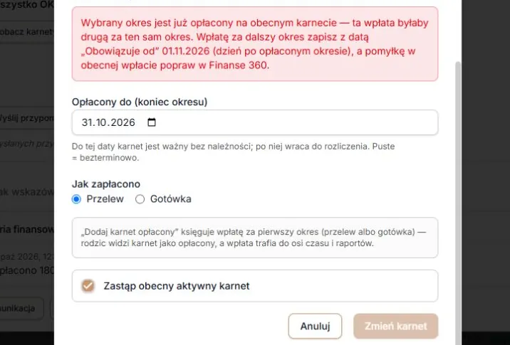 Opłacony okres — blokada drugiej wpłaty i wskazanie następnego startu