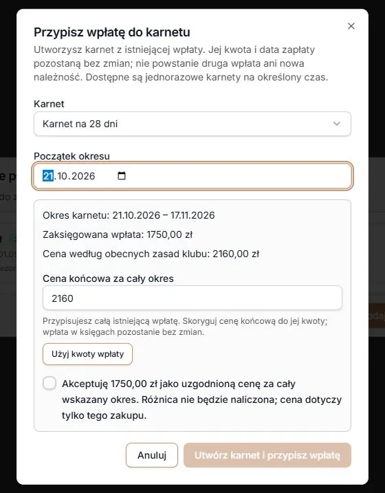Cykl 28 dni przy przypisaniu istniejącej wpłaty