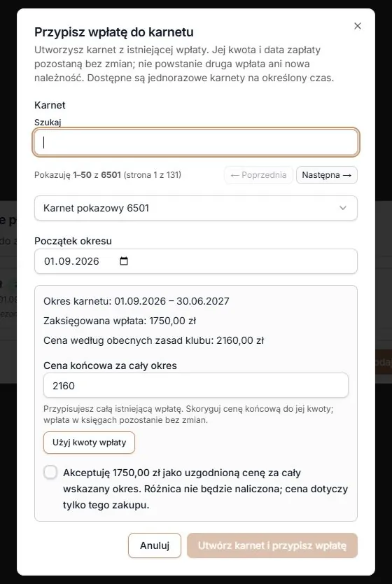 Pełny katalog 6501 karnetów i zachowany wybór ostatniej pozycji