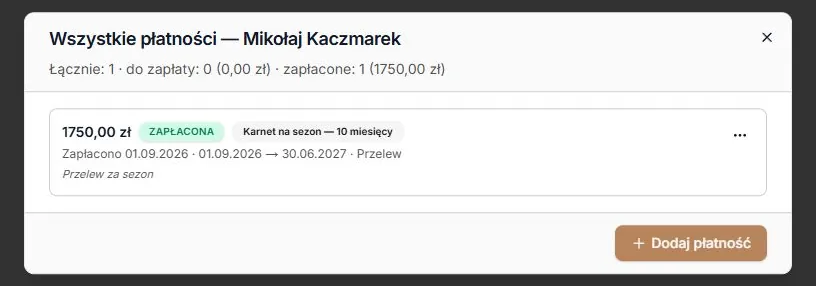 Ta sama wpłata po przypisaniu karnetu na cały sezon