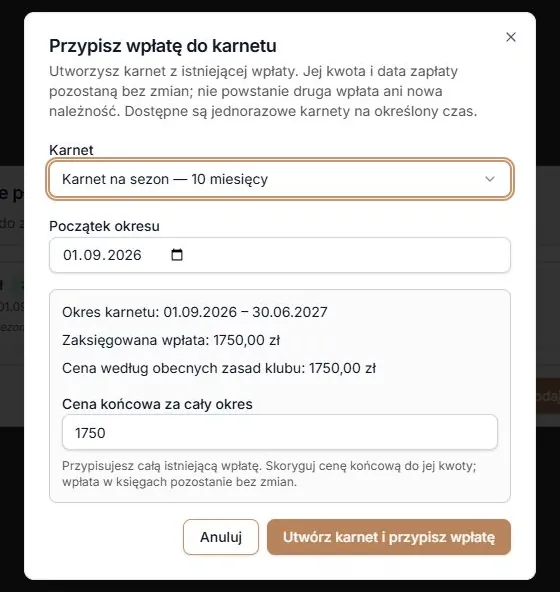 Przypisanie przy cenie zgodnej z otrzymaną wpłatą