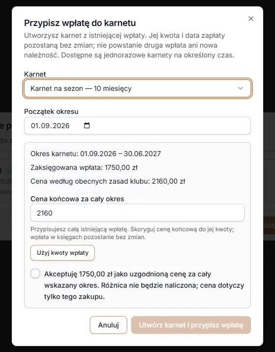 Istniejący przelew i wycena pełnego sezonu