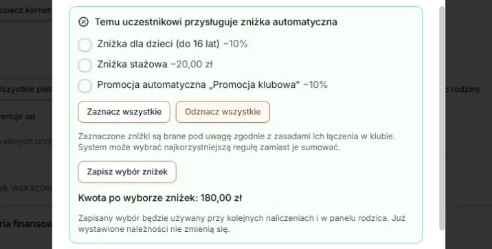 Zniżki — odznaczone reguły i cena bez rabatów